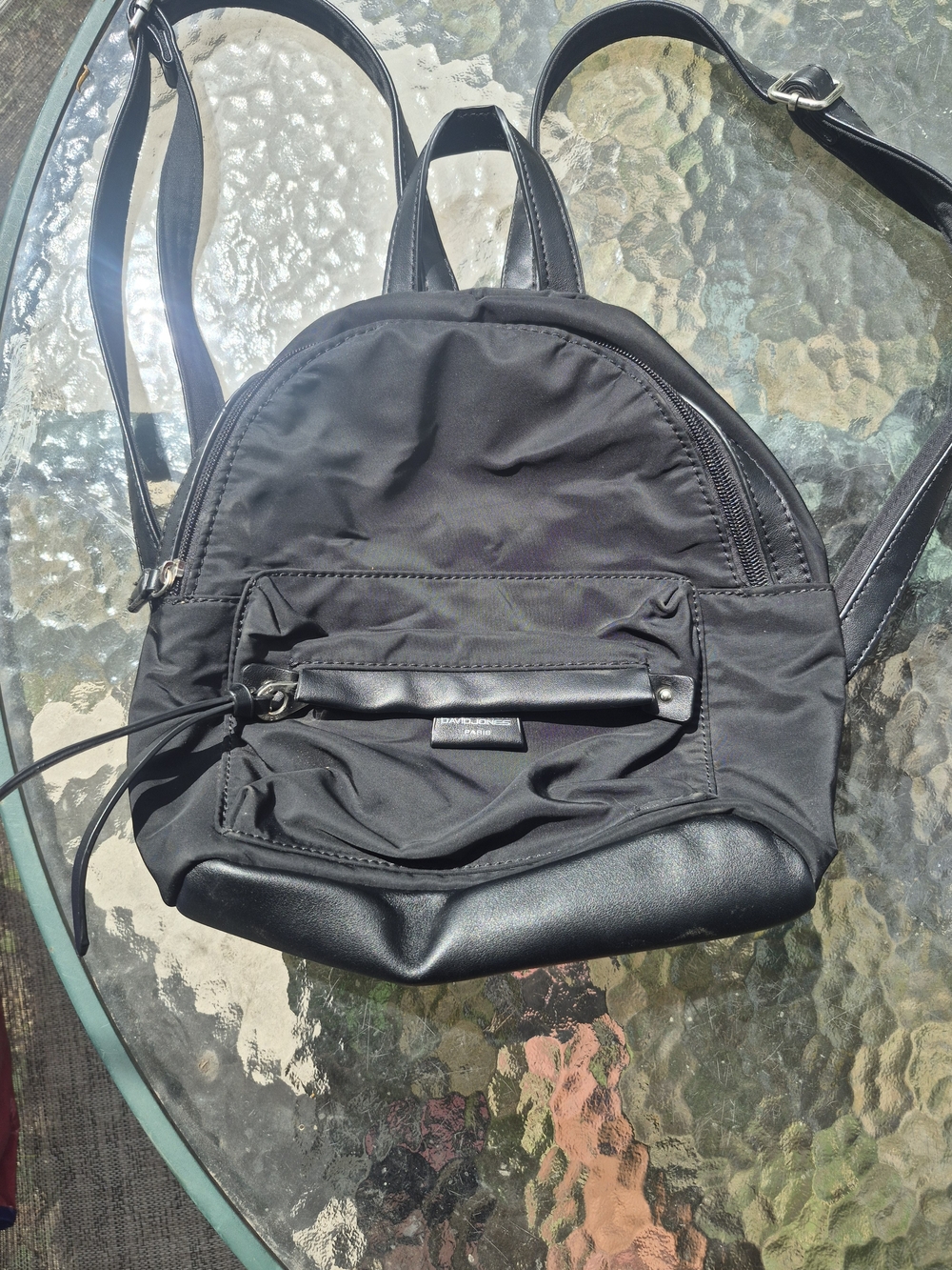 David Jones Black Nylon Mini Backpack with Front Zip Pocket